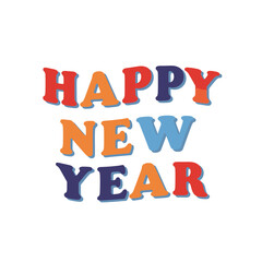 Happy new year text in colorful bold letters with a white background celebrating the start of a new year