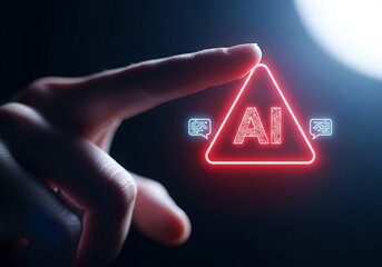 A close-up of a hand touching a glowing red triangular warning sign with 'AI' text, symbolizing technology and innovation.
