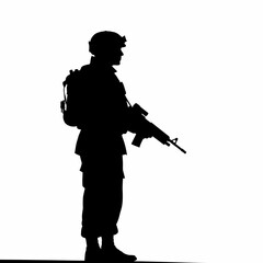 Silhouette of a soldier in uniform holding a rifle standing guard against a white background