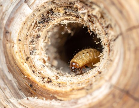 Close-up of a wood-boring larva