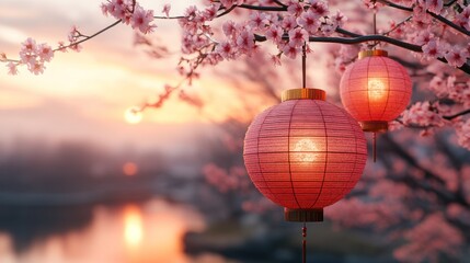 Sakura lanterns at sunset