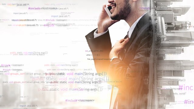 A professional businessman in a suit engages in phone conversation amidst a backdrop of abstract tech elements and code, symbolizing modern communication and innovation. Xenic