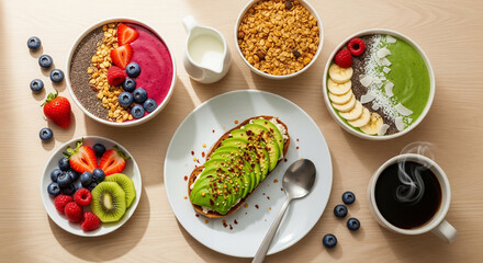 A vibrant and nutritious breakfast spread featuring colorful smoothie bowls, avocado toast, fresh fruit, and coffee arranged on a wooden table