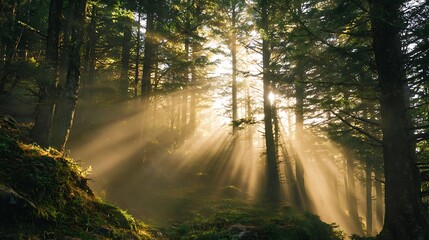 Obraz premium Golden Sun Rays Through Misty Forest Trees Ethereal Woodland Nature Light