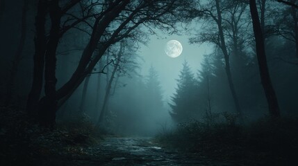 A serene forest path under a bright full moon creates an enchanting atmosphere. Tall trees surround the trail, shrouded in mist during the tranquil nighttime.