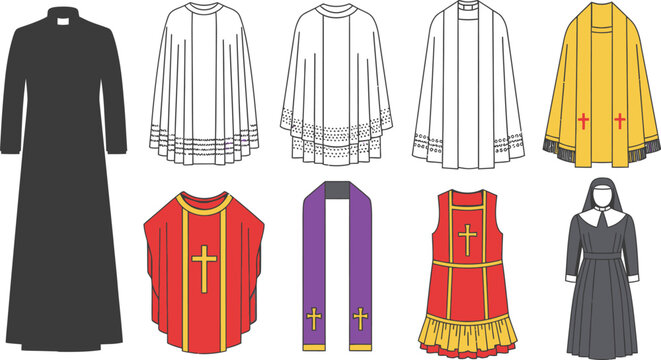 Various Catholic Vestments Cassock, Alb, Chasuble, Stole and Nun Habit