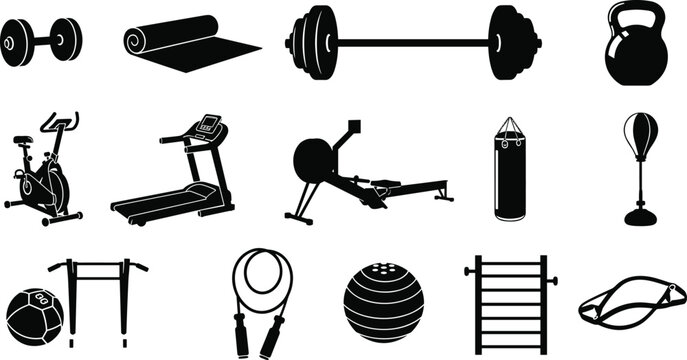 Gym fitness equipment icons, dumbbell, yoga mat, barbell, kettlebell, exercise bike, treadmill, rowing machine, punching bag, fitness ball, jump rope - Powered by Adobe