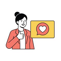Woman giving thumbs up with heart icon isolated on white background