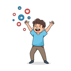 A boy is happy with social media likes isolated on white background