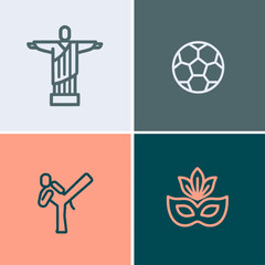 Vector Icons Representing Brazilian Culture, Sports, and Landmarks