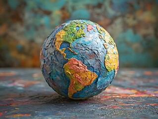 A textured handmade globe crafted from colorful clay rests on an abstract paint splattered surface