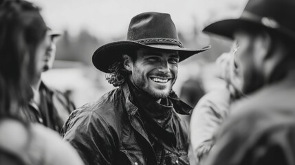 Fototapeta premium A group of friends enjoys a lively conversation in a rural area. One cowboy, wearing a hat and a scarf, is smiling warmly while interacting with others. The atmosphere is relaxed and friendly.