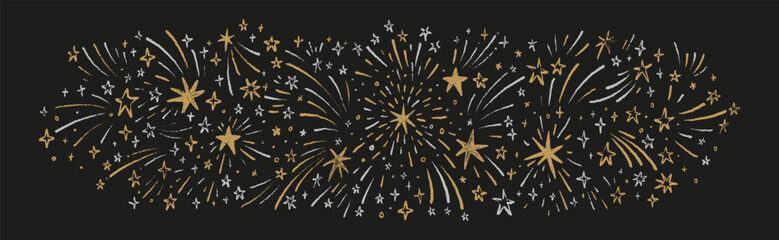 Fototapeta premium Merry Christmas and Happy New Year, Birthday, carnival celebration festive golden and silver firework background. Night, holiday eve sky. Hand drawn crayon scribble, pencil firecracker sketch