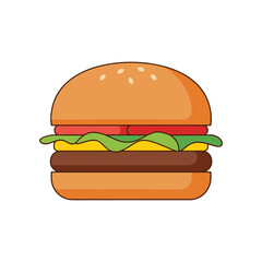 A colorful burger with layers of cheese, lettuce, tomato, and a beef patty on a white background