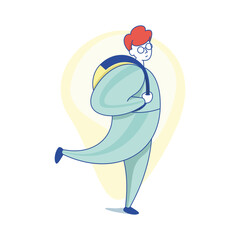 A person with red hair and glasses walks happily, carrying a backpack. The bright, stylized artwork features a transparent background that enhances the cheerful mood