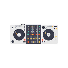 Fototapeta premium A modern DJ setup featuring turntables and a mixer, set against a minimalist background