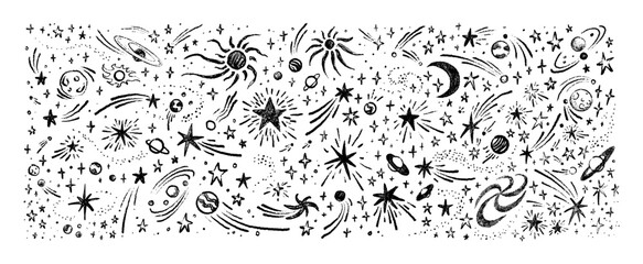 Hand drawn grunge pencil space background. Line crayon handwriting. Moon, Sun, Earth, Saturn planets, shooting stars, meteor, star clusters, comets, alien ufo spaceship. Childish chalk scribbles © Kseniia
