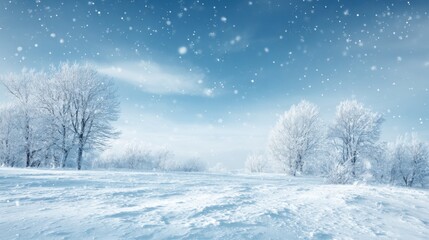 Obraz premium A tranquil winter landscape showcases frosted trees and gently falling snowflakes. The sky is a soft blue, enhancing the peaceful, cold atmosphere of this snowy scene.