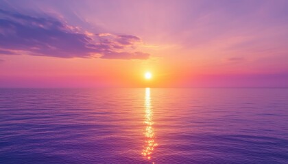 Obraz premium Tranquil Seascape With Orange, Gold, And Purple Sunset Reflection On Calm Water Surface: A Relaxing And Inspirational Summer View