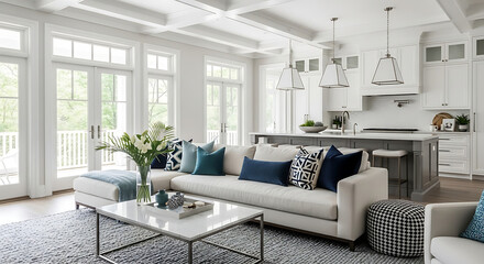 Bright modern living room with open plan kitchen and elegant furniture