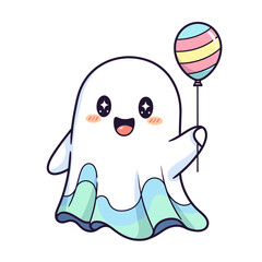 Cute kawaii ghost holding a pastel balloon. Adorable vector character