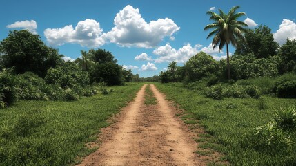 Fototapeta premium Lush Green Pathway Through Dense Foliage with Blue Skies and White Clouds Panorama