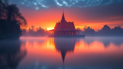 Obraz premium Serene Sunrise over a Water Pavilion