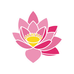 A vibrant pink lotus flower with layered petals and a yellow center, symbolizing beauty and tranquility