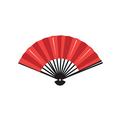 A vibrant red folding fan with a black handle, set against a clean white background, ideal for cultural events