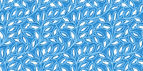A seamless abstract pattern of white and blue leaves. Ideal for use as a background for textile, wrapping paper, or surface design.