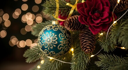 Fototapeta premium Festive Christmas Tree Ornament A Blend of Holiday Cheer, Nature's Touch, and Warm Lights