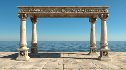 Ornate Stone Archway Overlooking Calm Blue Sea Under Bright Sky