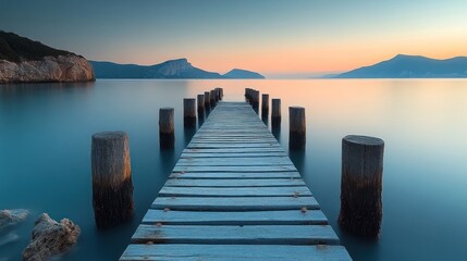 Obraz premium Serene wooden dock at tranquil sunrise