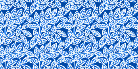 Abstract seamless background with foliage in white and blue. Vector illustration for fabric or gift wrap.