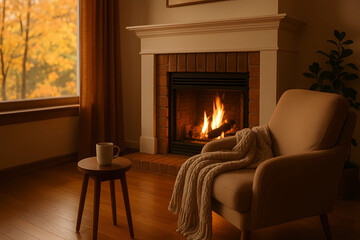 A cozy homely atmosphere on an autumn day. Fireplace, comfortable armchair, plaid. Autumn interior