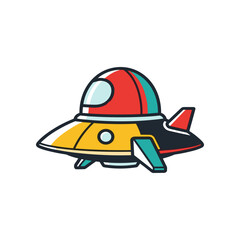 Colorful cartoon-style spaceship flying through a clear sky with vibrant colors and simple design