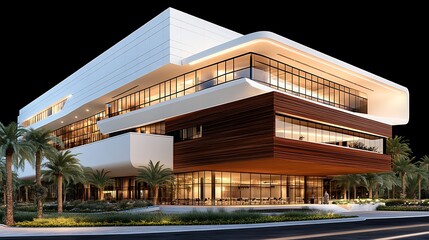 Obraz premium Modern Multi Story Building Design with Illuminated Windows and Dark Background