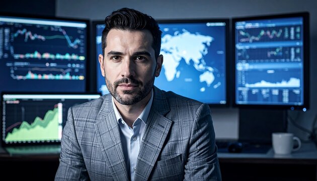 Businessman in front of computer screens with financial data