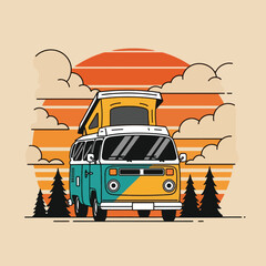 Vintage camper van with a popup roof and a sunset background illustration