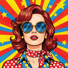Pop art woman with red hair and sunglasses in a retro comic style