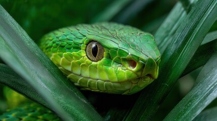 Obraz premium Close-up of green snake among vibrant tropical leaves
