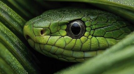 Fototapeta premium Close-up of green snake among vibrant tropical leaves