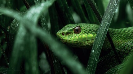 Obraz premium Close-up of green snake among vibrant tropical leaves