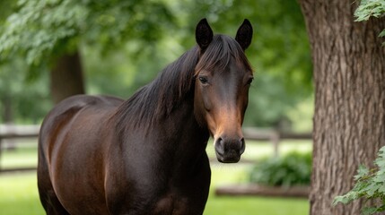 Obraz premium Close-up of a stunning brown horse with a flowing mane, adorned with a traditional headdress, glowing in the warm light of sunset
