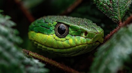 Obraz premium Green snake peeking out from bushes