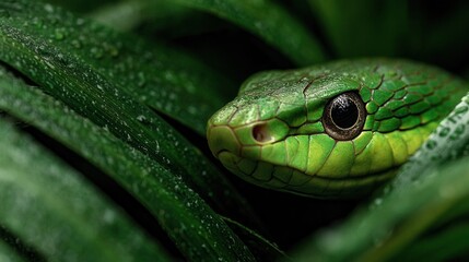 Green snake peeking out from bushes