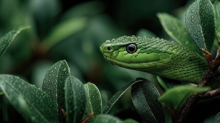 Fototapeta premium Green snake peeking out from bushes
