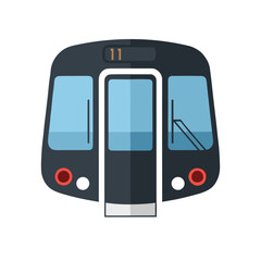 Front view of a modern subway train with a clear number display, set against a simple background