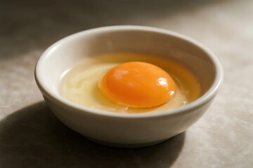 A beautifully round and plump egg yolk sits in egg white within a small bowl, illuminated by side light creating beautiful shadows, conveying simplicity, quality, and the beauty of an ingredient.