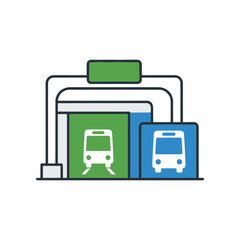 Illustration of a transit station featuring a train and bus entry, with a clear background